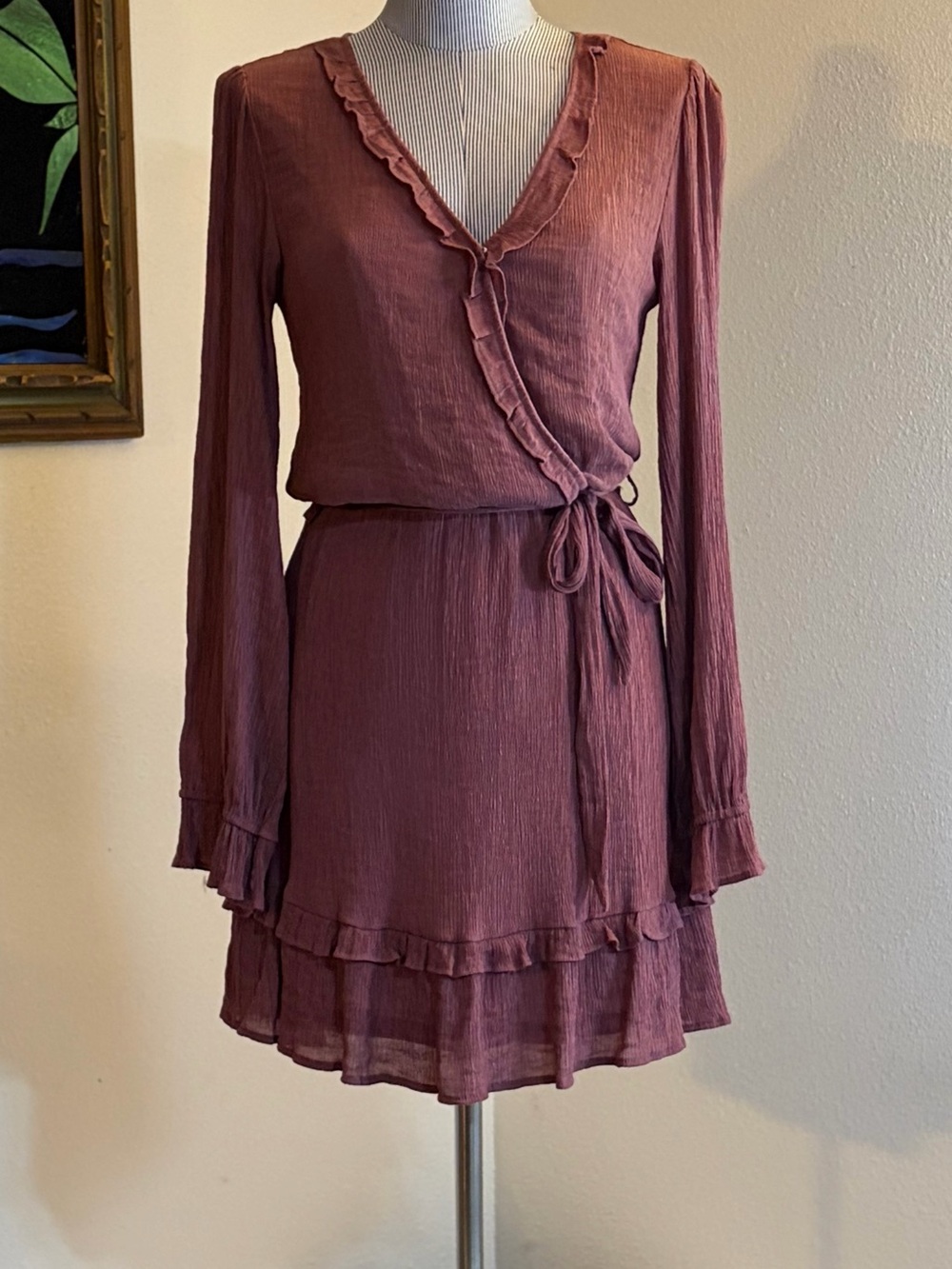 L Love Mauve Wrap Ruffle Long Sleeve Dress